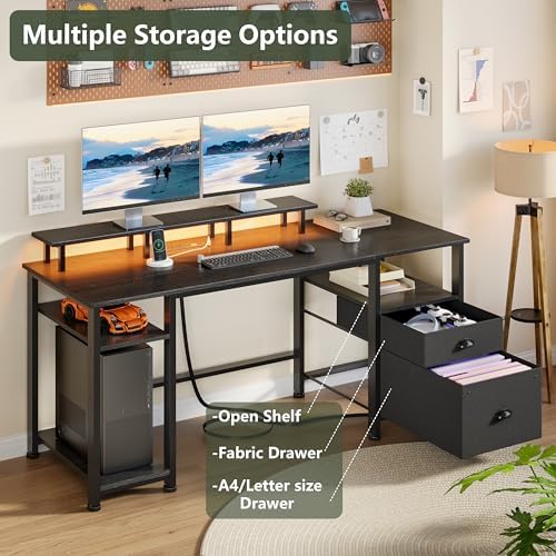 Furologee 61" Gaming Desk with Outlets & LED, Large Computer Desk, Black - Image 3