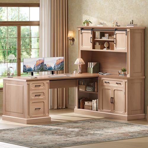 SEDETA 67" Farmhouse Executive L Shaped Desk with Hutch & Storage by SEDETA