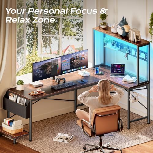 PRAISUN L Shaped Gaming Desk with LED Lights & Power Outlets - Image 6