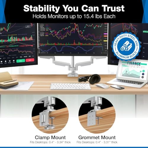 Mount-It! Triple Monitor Mount with Gas Spring Arms, Fits 24–32 Inch Screens, USB & Audio Ports, Full Motion Desk Stand with Tilt, Swivel & Rotation, Heavy Duty Silver 3 Screen Arm with Clamp - Image 5
