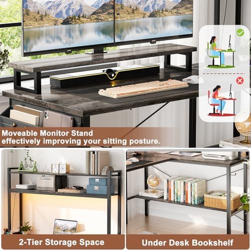 Aheaplus L Shaped Gaming Desk with Power Outlets & LED Lights, Black Oak - Image 6