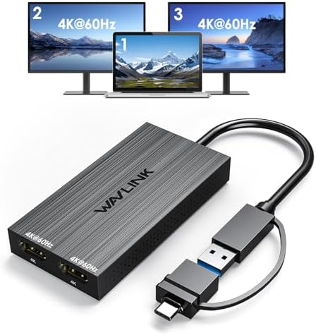 WAVLINK USB 3.0 or USB C to Dual HDMI 4K@60hz Splitter Extended Display for Dual Monitor, Displaylink Adapter Two HDMI 4K 60Hz for Apple Mac M1-M5/Macbook Neo or Windows 10/11,Driver Required by WAVLINK%C2%AE