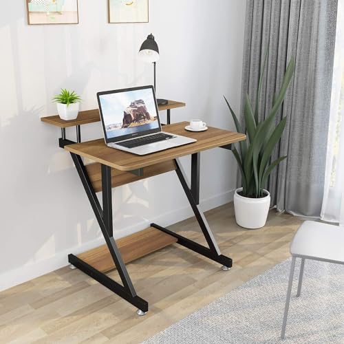 Dripex Computer Desk for Small Spaces, Z Shaped Small Computer Desk, 27.5 inch Compact Desk with Monitor Shelf and Bottom Storage Shelves, Space Saving Desk, Walnut - Image 2