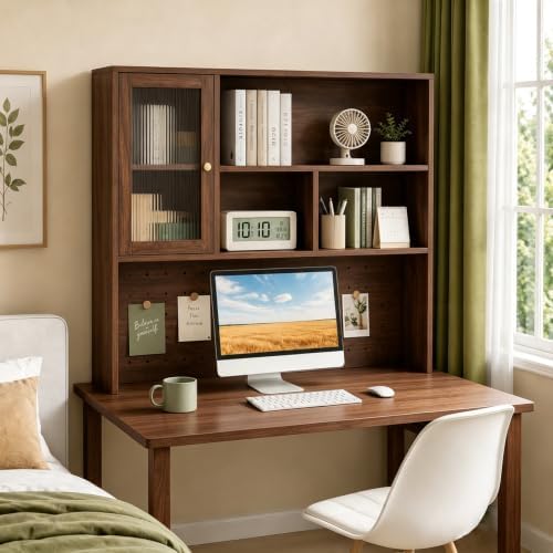 LINLIUA Desktop Bookshelf, Desk Hutch Dorm with Pegboard, Desk Shelves for Top of Desk, Wood Desktop Storage Rack with Cabinet Door, Countertop Bookcase for Office Dorm Home Study by LINLIUA
