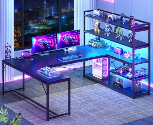 SEDETA L Shaped Gaming Desk, 63'' Reversible Computer Desk with Power Outlet and Storage Shelves, Corner Gaming Desk with LED Lights, Bookshelf for Home Office, Black by SEDETA