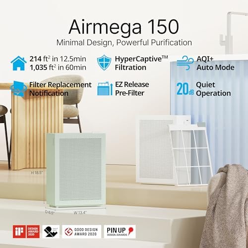 COWAY Air Purifiers for Home Bedroom up to 1,035ft² with HEPA Filter, Carbon Filter, Washable Filter for Smoke, Pollen, Dander, with Air Quality Monitor, Auto Mode, 3yr Warranty, Airmega 150 Green - Image 2