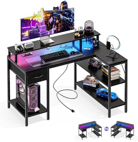DUMOS Gaming Desk, Monitor Stand, LED Lights, Storage Shelves by DumosLifestyle