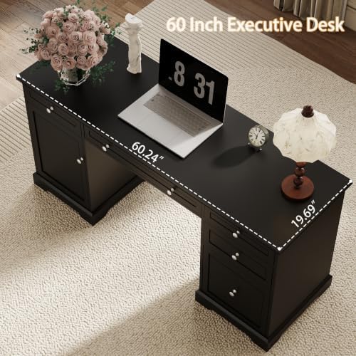 Black Executive Desk with Drawers: 60" Farmhouse Home Office Desks - Image 6