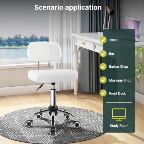 BFTOU White Square Swivel Stool with Wheel for Work SPA Shop Massage Height-Adjustable and Cost-Effective Rolling Stool Chair with Back - Image 3
