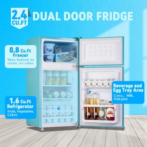 Mini Fridge with Freezer 2.4 Cu.ft Mini Refrigerator Double Doors Dorm Fridge Compact 7 Modes Temp Suit for Apartment Bedroom Office Blue - Image 2