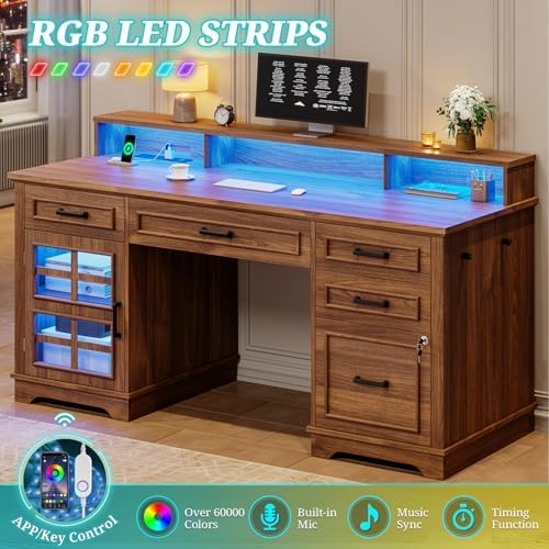 UPOSOJA 60'' Farmhouse Executive Desk with Drawers, Home Office Desk with Power Outlet & LED Light, Wood Computer Desk with Monitor Stand, Locking File Drawer, Glass Storage Cabinet, Hooks - Image 6