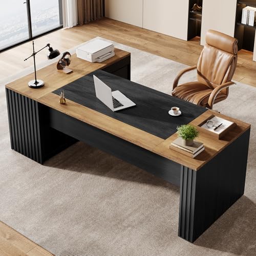Tribesigns 78" L Shaped Executive Desk with Drawers, Large Office Computer Desk with Cabinet and Storage Shelves, Modern Business Furniture Sets Workstation for Home Office (Brown&Black) - Image 6