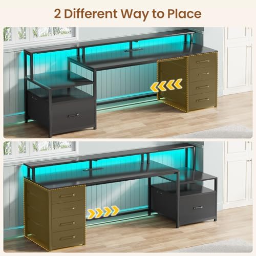 SEDETA Computer Desk with 5 Drawer, Power Outlet, Led Lights, Black - Image 4