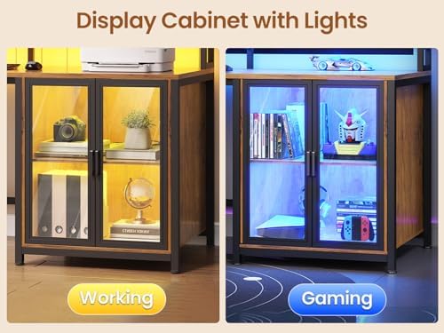 SEDETA L Shaped Gaming Desk with 4 Drawers, 109” Computer Desk with Display Cabinet, Home Office Desks with 2 Monitor Stands, CPU Stand, LED Lights and Power Outlet, Rustic Brown - Image 5