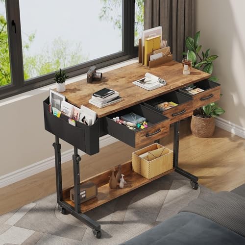 WINAZ Rolling Standing Desk Adjustable Height with Drawers on Wheels, 40 Inch Portable Mobile Stand Up Computer Desks for Bedroom Home Office, Couch Sofa Side Laptop Table with Storage, Rustic Brown - Image 2