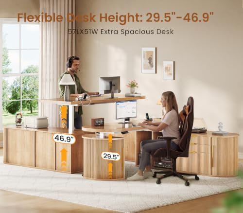 SEDETA 57" L Shaped Standing Desk with Storage, Electric Height Adjustable Curved Executive Desk, Fluted Desk with Drawers & Power Strip for Home Office, Light Oak - Image 4