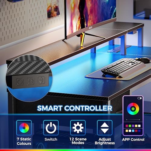 SUPERJARE 47 inch L Shaped Gaming Desk with LED Lights & Power Outlets, Reversible Computer Desk with Shelves & Monitor Stand, Corner Desk with Drawer, for Home & Office, Carbon Fiber Black - Image 4