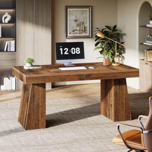 Tribesigns 55-Inch Executive Desk, Thick Wood Office Computer Desk with Double Pedestal, Modern Minimalist Workstations Writing Table Conference Table Furniture for Home Office, Walnut Finish - Image 5