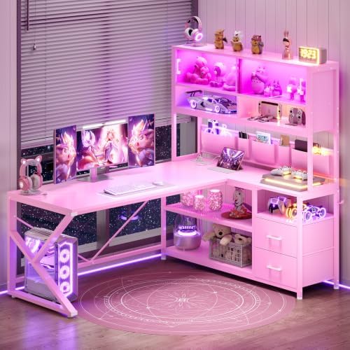 SEDETA L Shaped Gaming Desk with Storage Shelves, 2 Drawer, LED Light by SEDETA