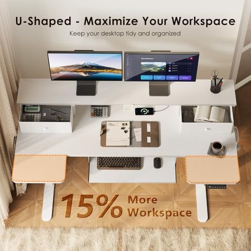 OffiGo 55 Inch U Shape Standing Desk with Keyboard Tray & Drawers, White - Image 6