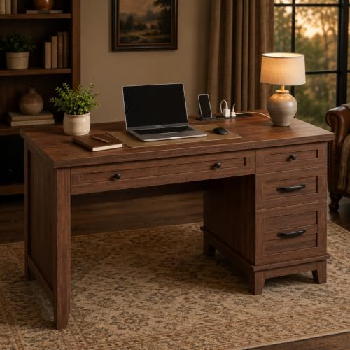 53.54" Executive Desk with Drawers, Farmhouse Home Office Desk with Charging Station & File Cabinet, 4 Storage Drawers Computer Desk with Power Outlet for Work Study Writing, Walnut Brown - Image 3