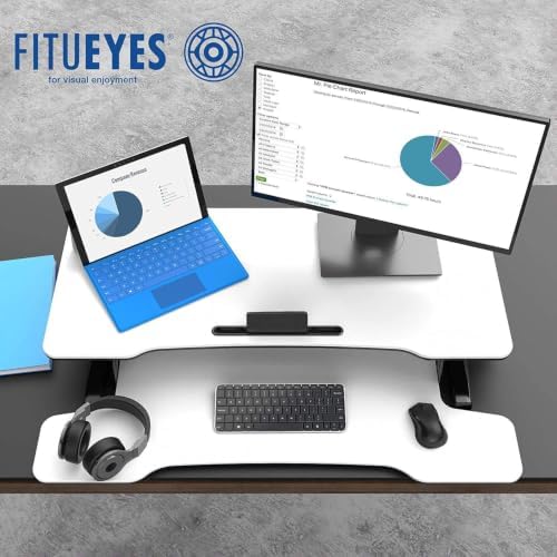 FITUEYES Height Adjustable Standing Desk 36” Wide Sit to Stand Converter Stand Up Desk Tabletop Workstation for Laptops Dual Monitor Riser White SD309103WW - Image 3