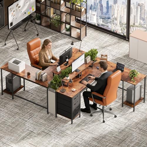 Korfile 66 inch L Shaped Computer Desk with Power Outlets, Rustic Brown - Image 2