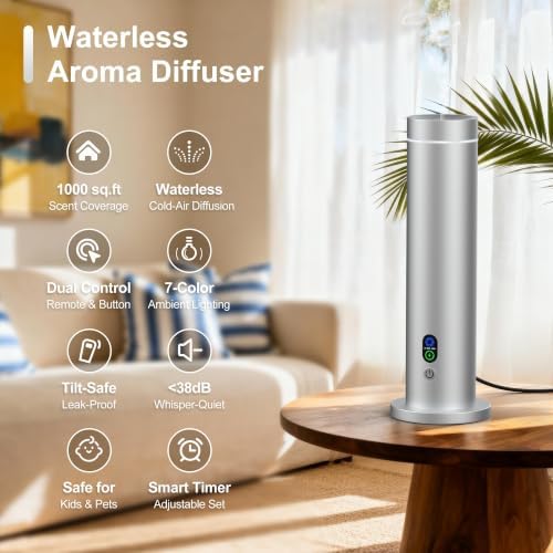 Maromalife Waterless Diffuser, 1000 Sq.Ft Coverage, Essential Oil Diffuser with Tilt-Safe, Remote Control, Adjustable Mist, Mood Lights Aromatherapy Diffuser for Home, Room, Office, Hotel, Silver - Image 2