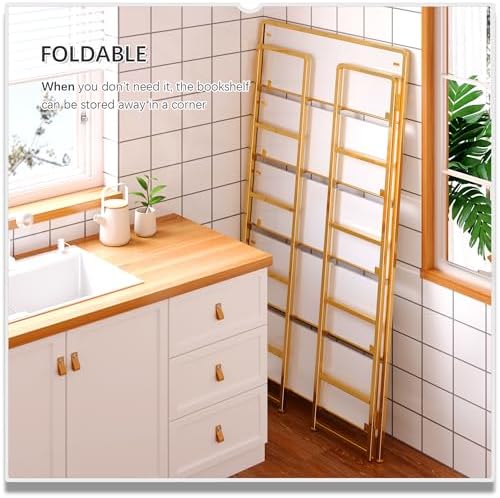 4NM No Assembly Extra Wide 5 Tier Folding Bookshelf Tall Storage Shelves Vintage Bookcase Standing Racks Study Organizer Home Office - Image 4