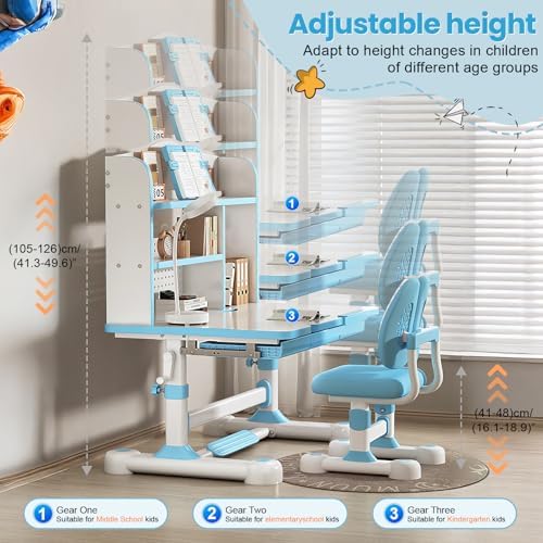 Kids Desk and Chair Set - Height Adjustable Crank Study Desk (Blue) - Image 3