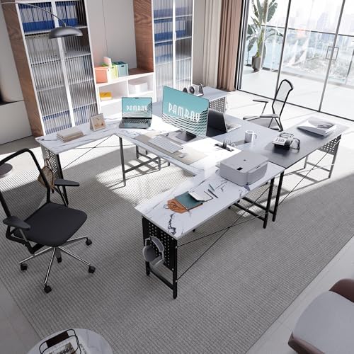 Pamray 71 Inch Large Computer Desk with Power Outlets,U Shaped Corner Desk for Home Office Work and Gaming Marble - Image 2