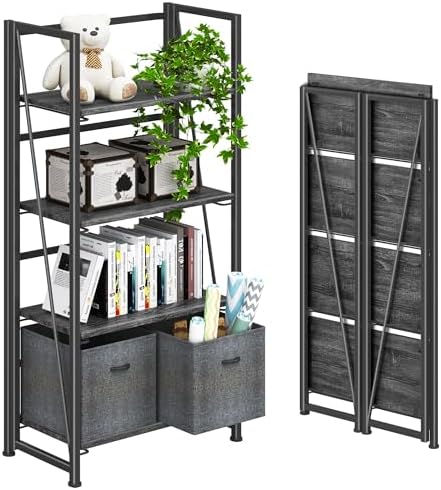4NM No Assembly Folding Bookshelf Storage Shelves 4 Tier Vintage Bookcase Standing Racks Study Organizer Home Office by 4NM