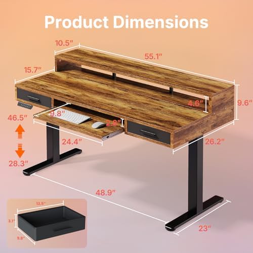 HUANUO 55″ X 26″ Electric Standing Desk with 2 Drawers &24.4″ Large Keyboard Tray, C-Clamp Mount Compatible, Adjustable Computer Desk for Office, Sit Stand Up Desk with 4 Height Presets, Vintage Brown - Image 2