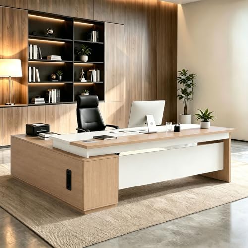 L Shaped Executive Desk with Drawers, Large Wood Workstation, Modern Executive Office Furniture for Home Office and Business Workspace, Multiple Sizes & Colors by Unknown