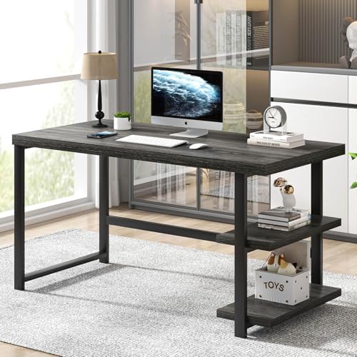 FOLUBAN 47 Inch Computer Desk with Storage Shelves, Modern Home Office Desk, Small Study Writing Desk Gaming Table Workstation for Bedroom Living Room, Industrial Dark Gray - Image 3