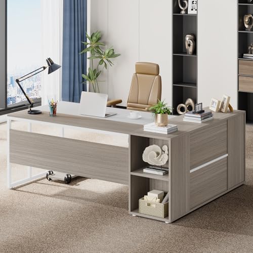 Tribesigns 71 inch Executive Desk, L Shaped Desk with Cabinet Storage, Executive Office Desk with Shelves, Business Furniture Set Workstation for Home Office, Gray and White by Tribesigns
