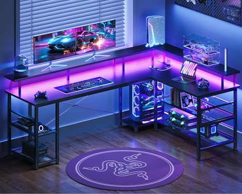 ODK 66" Large L Shaped Gaming Desk with Power Outlet & LED, Black - Image 2