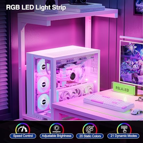 Grandder Gaming Desk 47 Inch with CPU Stand and LED Light, Computer Desk with Reversible Shelves and Storage Drawer, Pc Small Desk for Home Office Table with Bag, Pink - Image 5
