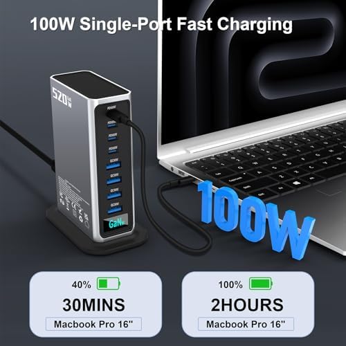 520W USB C Fast Charger Block, PD 3.1 100W 8 Port USB Charging Station, GaN Ⅲ Fast Charging Station for Multiple Devices, Laptop Wall Charger Compatible with iPhone 17/iPad/MacBook etc - Image 6