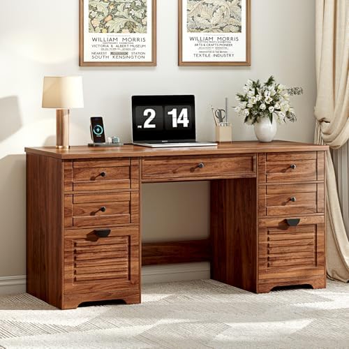 Ieejdn 59" Home Office Desks, Executive Desk, Farmhouse Computer Desk with 7 Drawers and Charging Station, File Drawer, Rustic Computer Writing Desk,Antique Chestnut by Ieejdn
