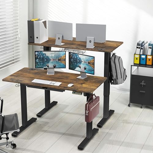 SHW 48-Inch Electric Height Adjustable Standing Desk w/Drawer, Rustic Brown - Image 2