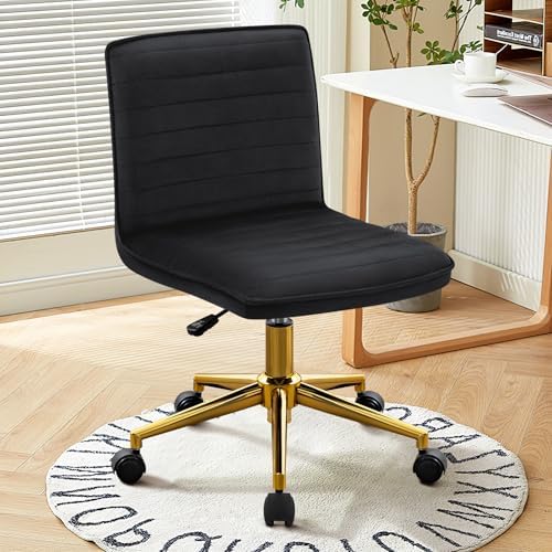 Furniliving Home Office Desk Chair, Armless Desk Chair with Wheels Soft Velvet Adjustable Height, Comfy Computer Rolling Chairs with Gold Metal Base Stool,Black by FurnilivingFurnitureforHome