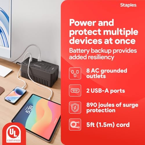 Staples TECH 650VA UPS Battery Backup, 8 Outlets, Surge Protection, Black - Image 2