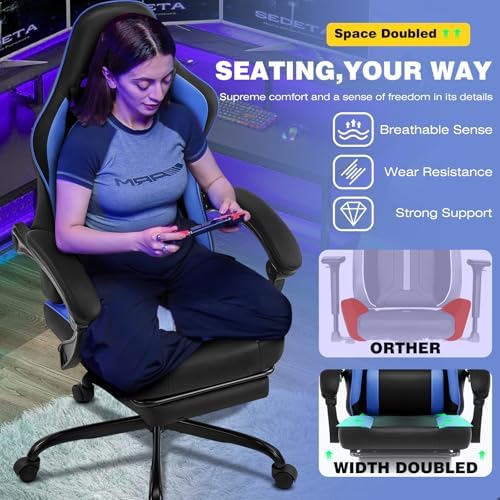 Gaming Chair for Adults, Video Game Chair with Footrest, PU Leather, Blue - Image 5