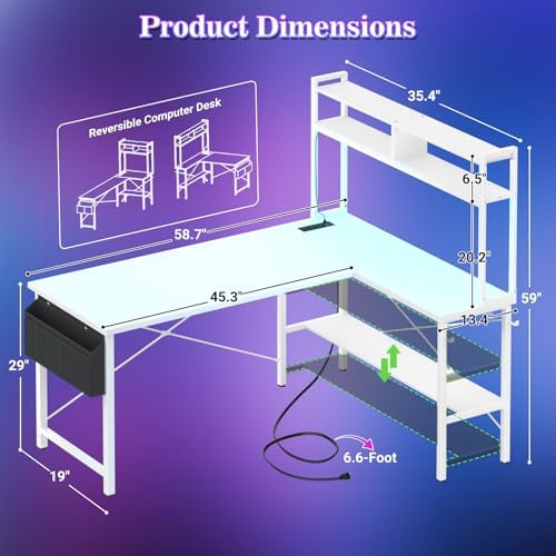 Aheaplus 59" L Shaped Desk Gaming Desk with LED Light & Power Outlet, White - Image 3