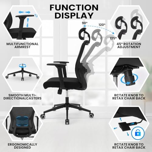Monhey Black Office Chair, Ergonomic Office Chair, Home Office Desk Chair for Big and Tall People, Computer Chair with Adjustable Headrest, Lumbar Support, Flip-Up Arms, PU Wheels (03black) - Image 5