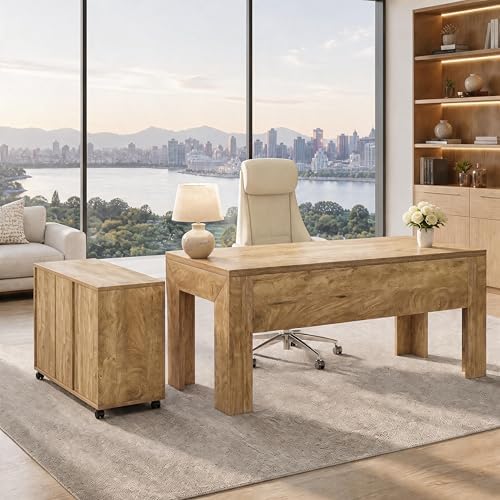 Tribesigns L Shaped Executive Office Desk with Drawers, Light Brown - Image 5