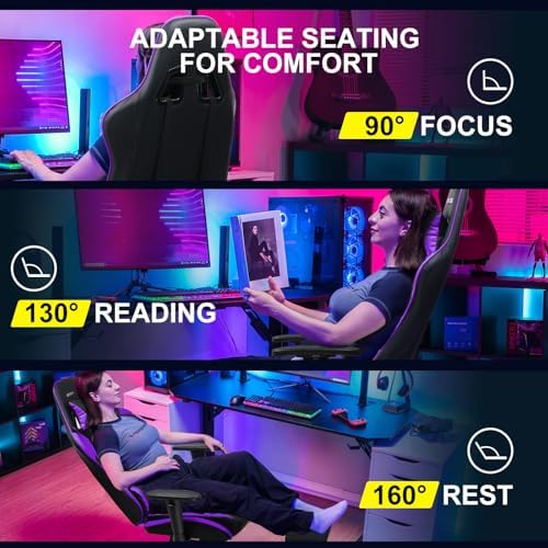 GTPLAYER Gaming Chair with Footrest, Ergonomic Computer Game Desk Chair, Reclining Gamer Chair Seat Height Adjustment, Swivel Rocker with Headrest and Lumbar, Purple - Image 5