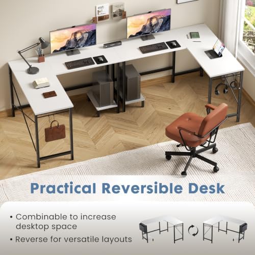 DUMOS L Shaped Computer Corner Desk with PC Stand, White - Image 3