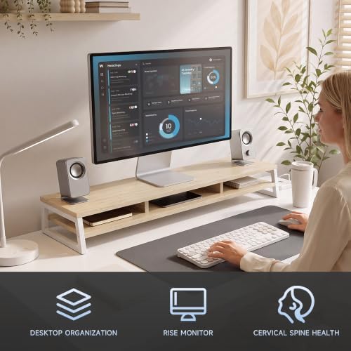 Fenge Dual Monitor Riser for Desk, Open Shelf with 3 Storage Compartments - Image 6